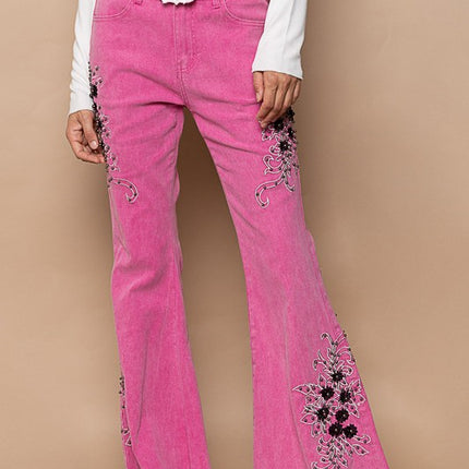 POL Raw Hem Embroidered Flare Pants