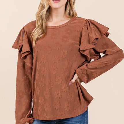 BOMBOM Ruffled Flower Round Neck Blouse