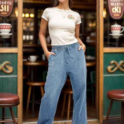 Drawstring Straight Jeans with Pockets