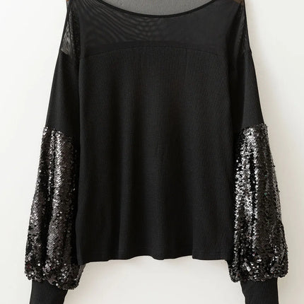 Sequin Boat Neck Long Sleeve Blouse