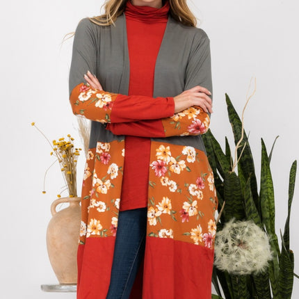 Celeste Full Size Floral Color Block Open Front Cardigan