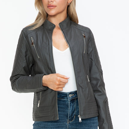 Snobbish Faux Leather Zip Up Mock Neck Jacket