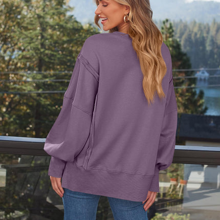 Slit Round Neck Long Sleeve Sweatshirt - Vickie Lynn's
