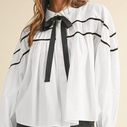 Ribbon Bowtie Collared Neck Flounce Sleeve Shirt