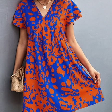 Ruffled Printed V-Neck Short Sleeve Mini Dress