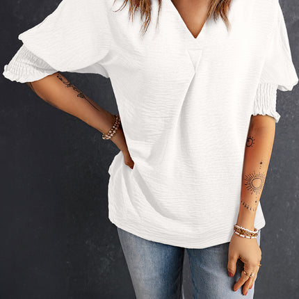 Smocked Johnny Collar Half Sleeve Blouse