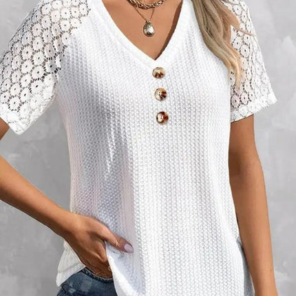 Waffle-Knit V-Neck Short Sleeve Top