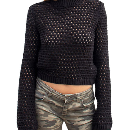 Openwork Round Neck Long Sleeve Knit Top