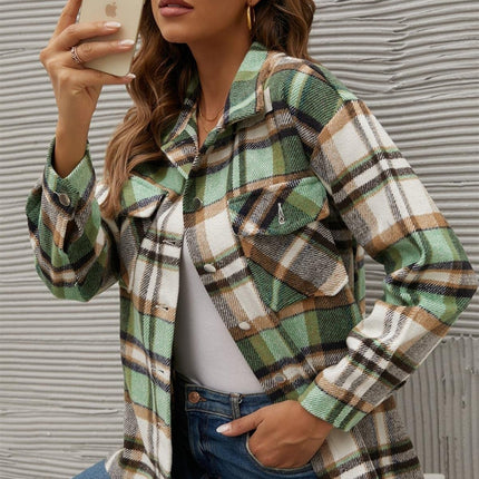 Plaid Collared Neck Long Sleeve Jacket