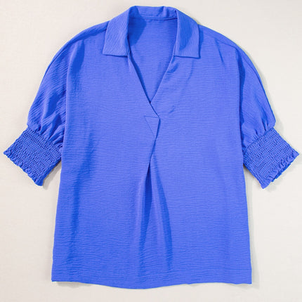 Smocked Johnny Collar Half Sleeve Blouse