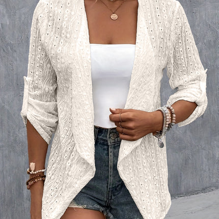 Eyelet Roll-Tab Sleeve Cardigan