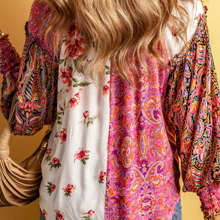 Frill Floral Shirred Cuff Long Sleeve Blouse