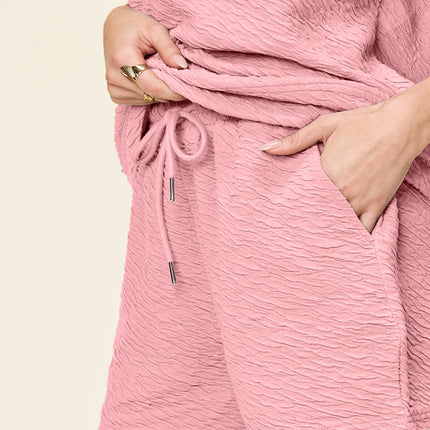 Double Take Full Size Texture Short Sleeve T-Shirt and Drawstring Shorts Set - Vickie Lynn's