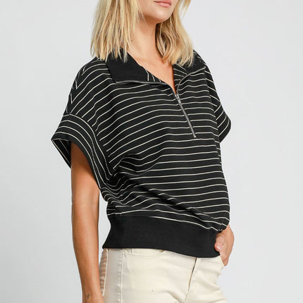 Umgee Striped Half Zip Short Sleeve Sweatshirt