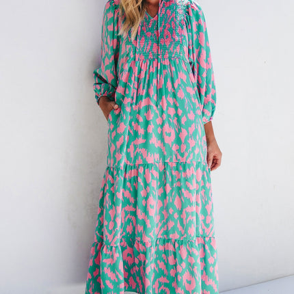 Smocked Printed Tie Neck Long Sleeve Dress