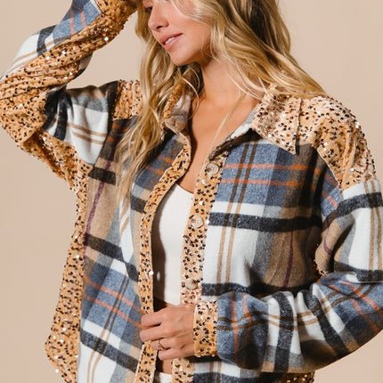 BiBi Curved Hem Sequin Plaid Button Up Shacket