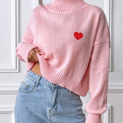 Heart Turtleneck Long Sleeve Sweater