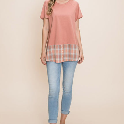 Cotton Bleu by Nu Lab Plaid Contrast Short Sleeve T-Shirt