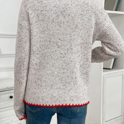 Perfee Contrast Heart Round Neck Long Sleeve Sweater