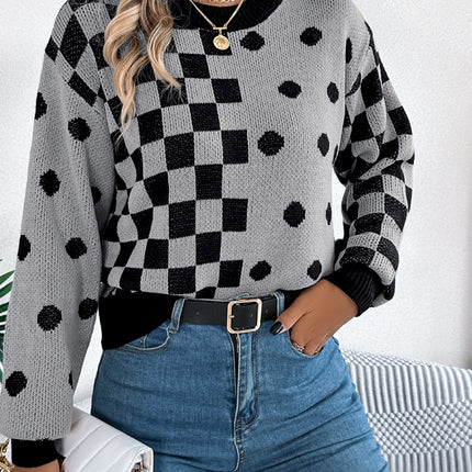 Plaid Round Neck Long Sleeve Sweater