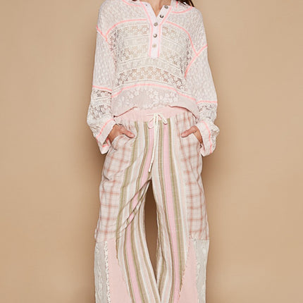 POL Drawstring Plaid Print Lace Straight Pants