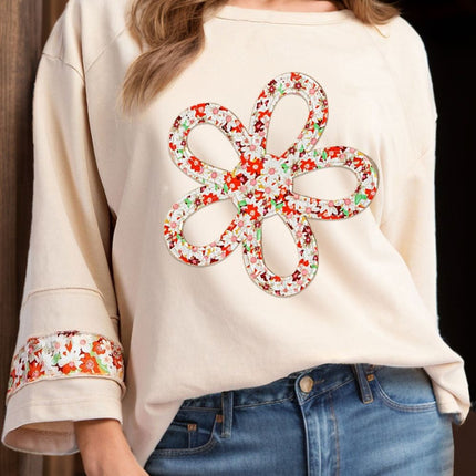 Exposed Seam Slit Floral Round Neck Blouse