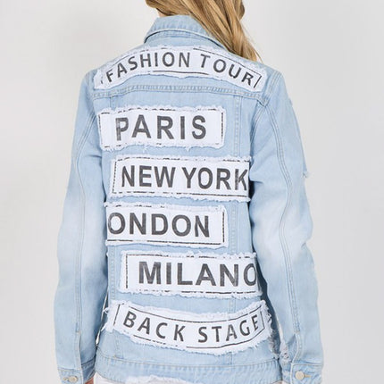 American Bazi Letter Patched Distressed Denim Jacket