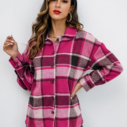 Shiny Plaid Button Up Collared Neck Jacket