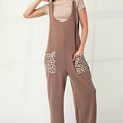 Celeste Full Size Ribbed Leopard Tied Shoulder Overalls