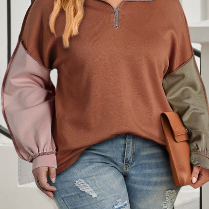 Plus Size Exposed Seam Color Block Quarter Zip Sweatshirt