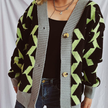 Contrast Trim Geometric V-Neck Long Sleeve Cardigan