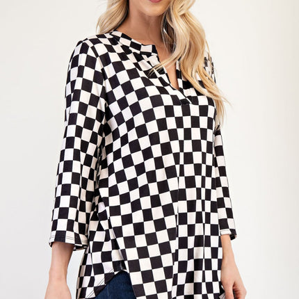 Celeste Full Size Curved Hem Checkered Notched Blouse