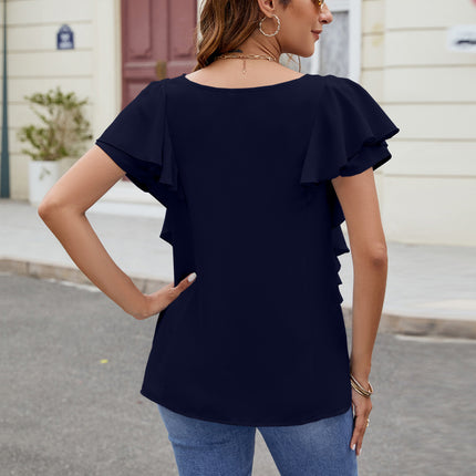 Ruffled V-Neck Short Sleeve Top