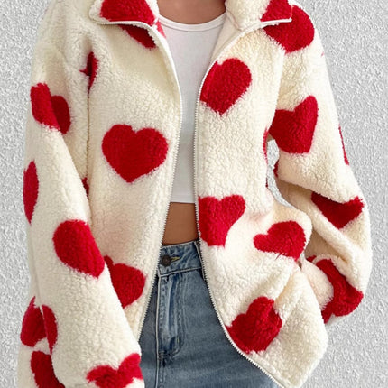 Heart Zip Up Drop Shoulder Furry Jacket