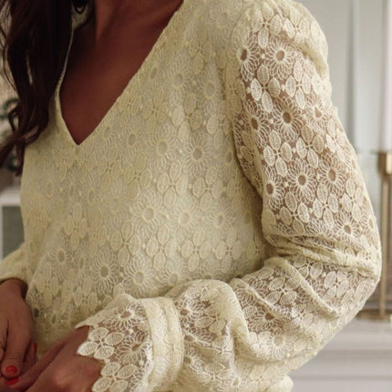 Lace Detail V-Neck Long Sleeve Blouse