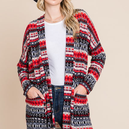 BOMBOM Geometric Open Front Long Sleeve Cardigan with Pockets