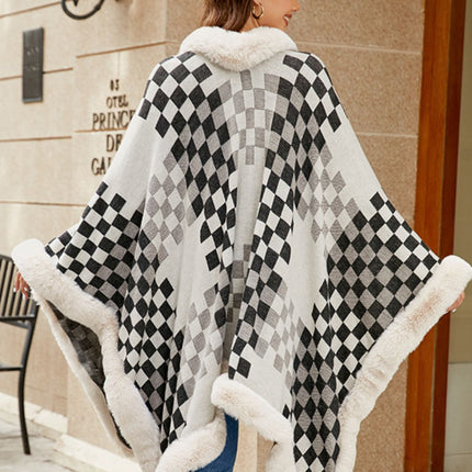 Fuzzy Checkered Long Sleeve Poncho