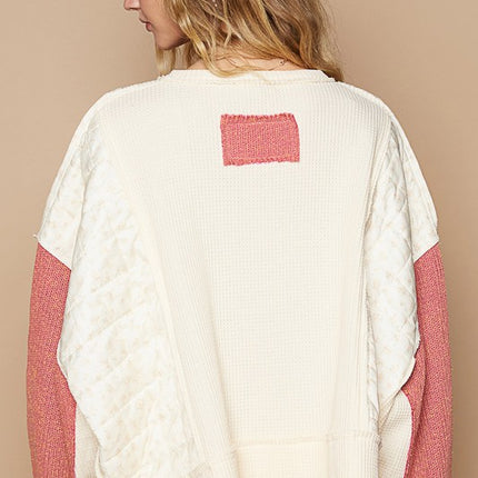 POL Waffle-Knit Contrast Notched Long Sleeve Knit Top