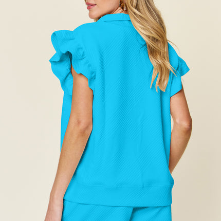 Double Take Full Size Texture Flounce Sleeve Top and Drawstring Shorts Set - Vickie Lynn's