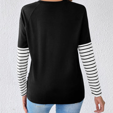 Striped Contrast Round Neck Long Sleeve T-Shirt