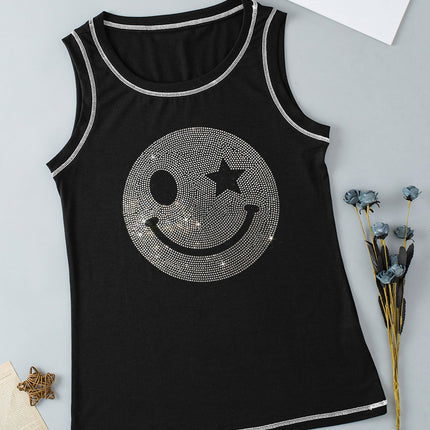 Rhinestone Smile Face Round Neck Tank