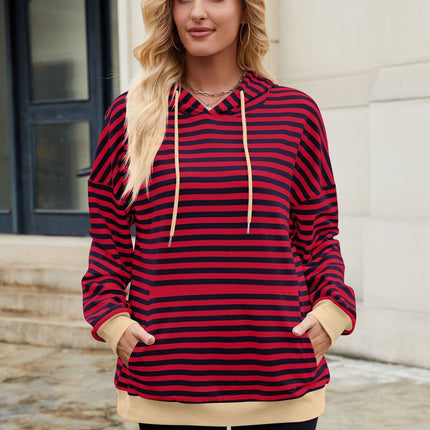 Drawstring Contrast Striped Long Sleeve Hoodie