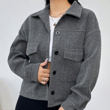 Button Up Dropped Shoulder Long Sleeve Outerwear