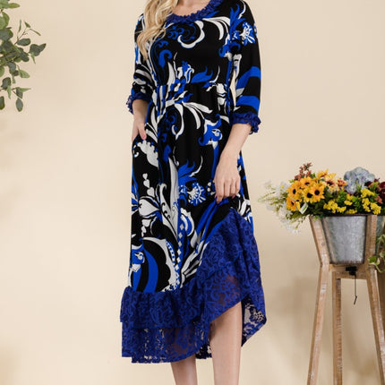 Celeste Full Size Paisley Print Lace Ruffled Midi Dress