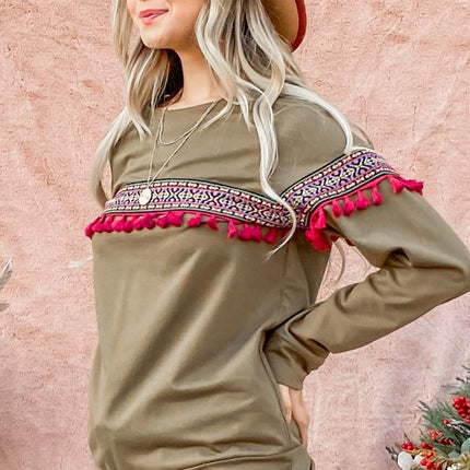 And The Why Ethnic Ribbon Tassel Trim Top