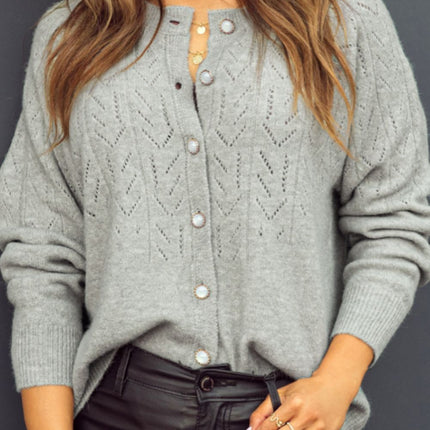 Openwork Button Down Long Sleeve Cardigan - Vickie Lynn's
