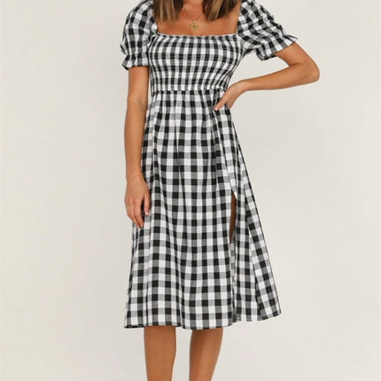 Full Size Slit Plaid Short Sleeve Midi Dress
