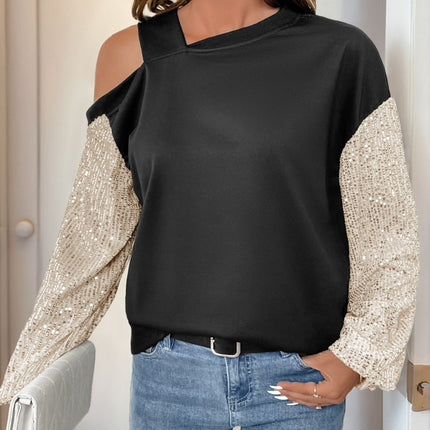 Perfee Sequin Asymmetrical Neck Long Sleeve Sweatshirt