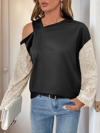 Perfee Sequin Asymmetrical Neck Long Sleeve Sweatshirt