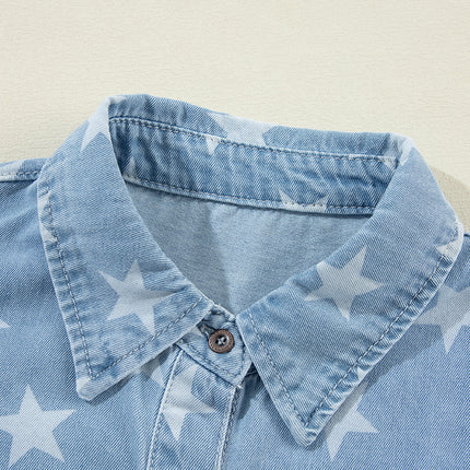 Raw Hem Star Collared Neck Denim Top